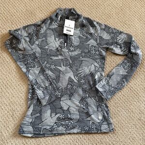 NWT Smartwool women’s large gray bird print zip neck top, classic mid weight